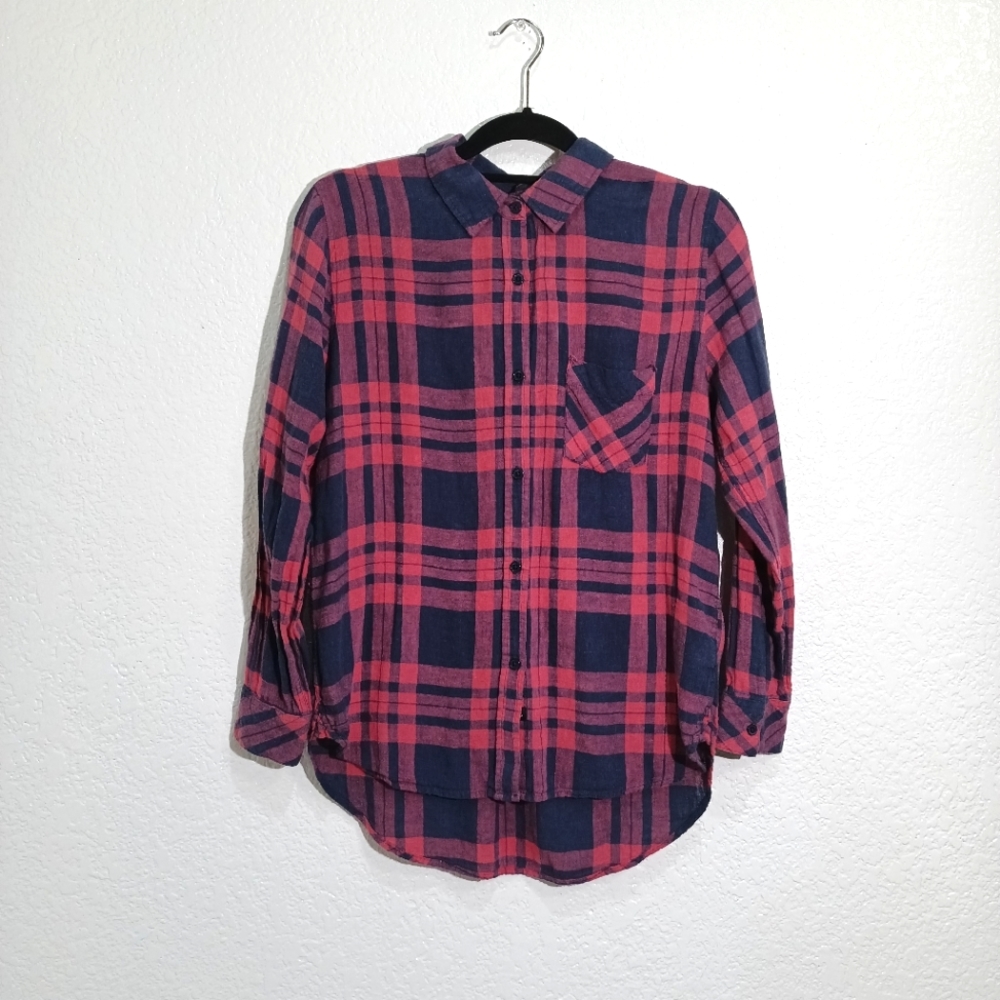 Rails Charli Linen Blend Plaid Button Down Top Size XS
